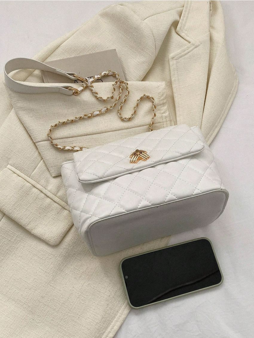 Small Flap Square Bag Quilted Pattern Metal Decor