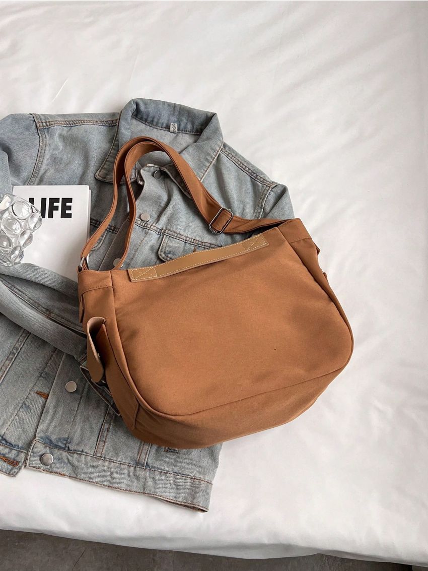 Letter Patch Decor Hobo Bag Medium Brown