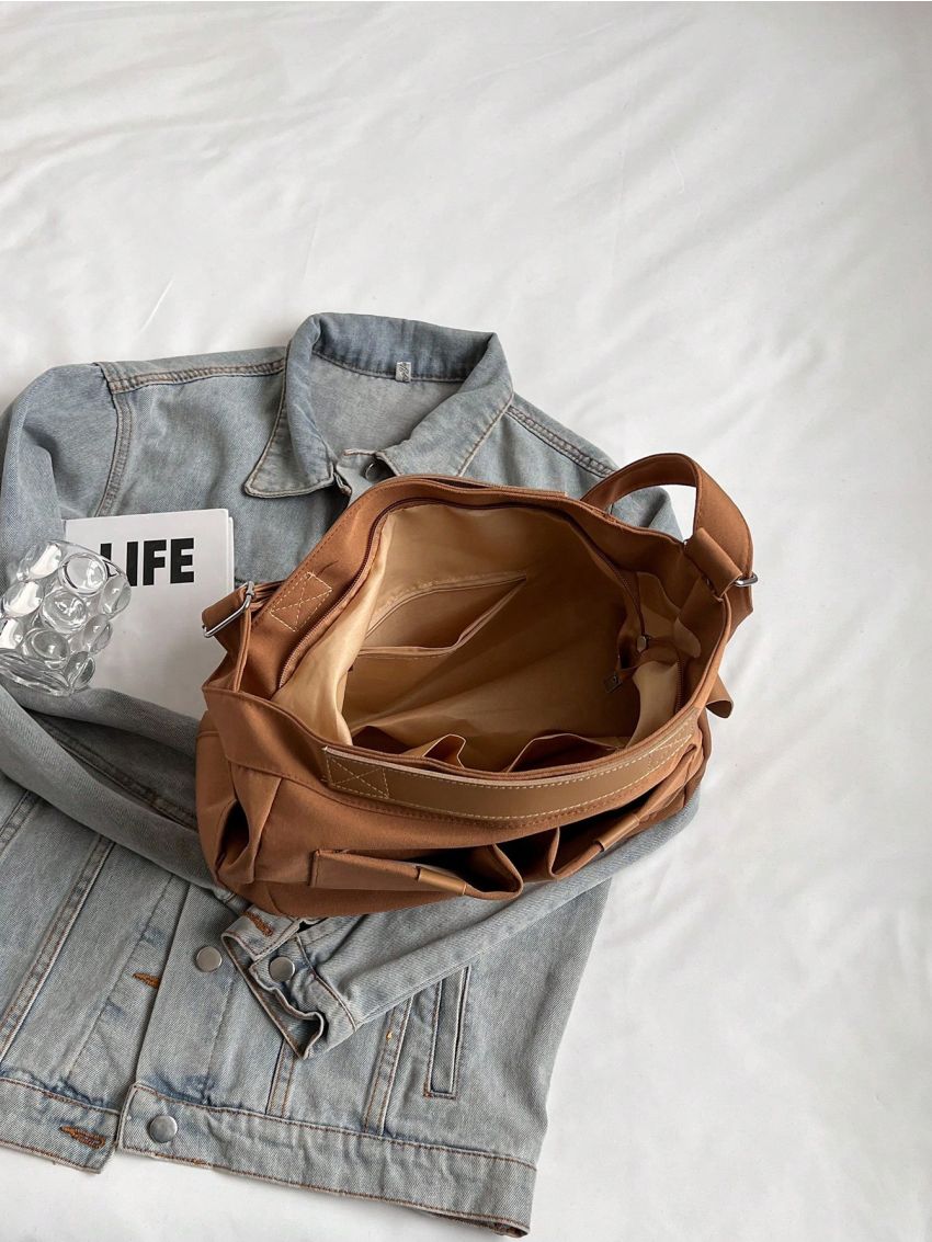 Letter Patch Decor Hobo Bag Medium Brown