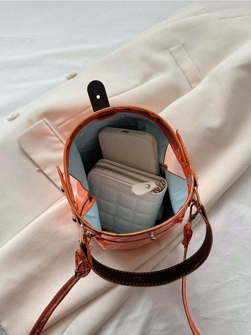 Mini Bucket Bag Crocodile Embossed Top Handle For Daily