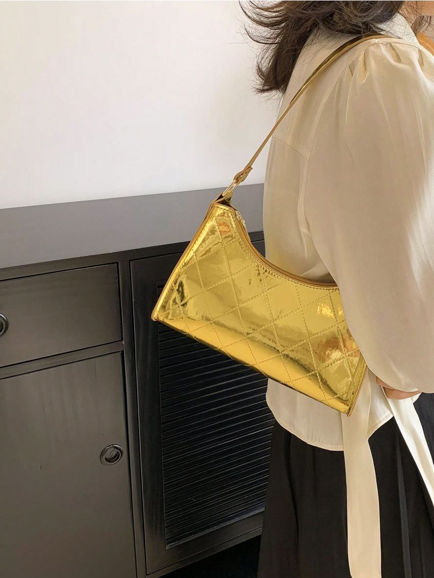 Rhombus Pattern Baguette Bag Gold Funky