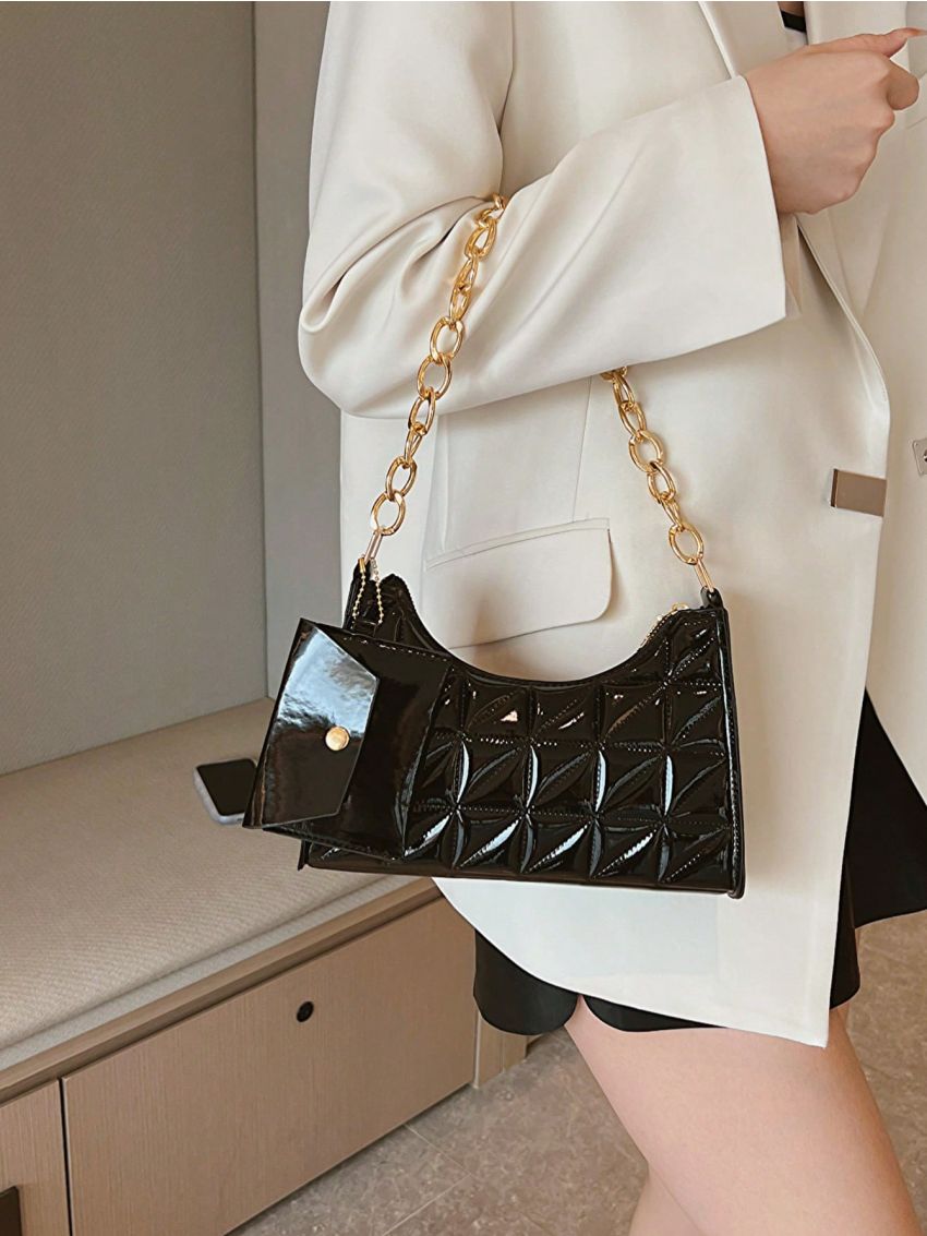 Quilted Baguette Bag Black Chain Strap With Coin Purse