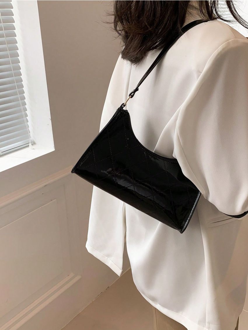 Rhombus Pattern Baguette Bag Black For Daily