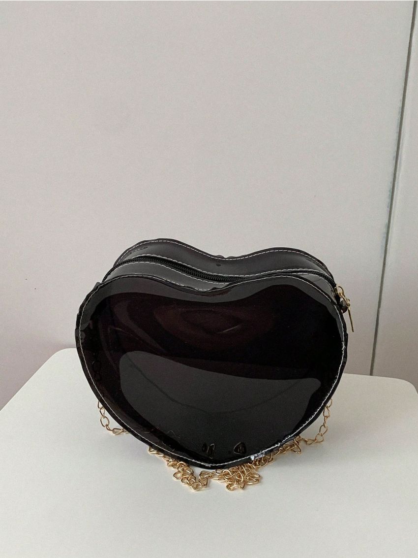 Mini Heart Design Novelty Bag Neon-Pink Chain Strap, Clear Bag