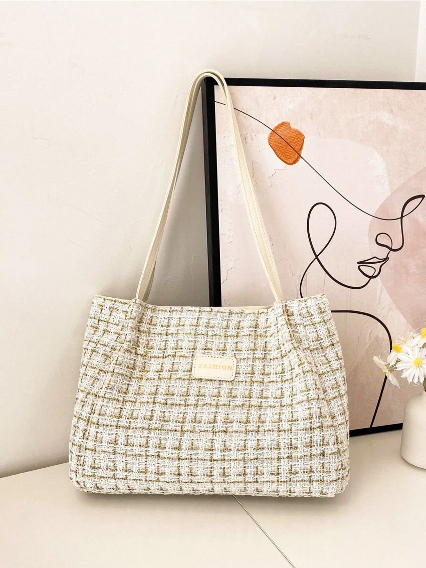 Letter Patch Shoulder Tote Bag Plaid Pattern Double Handle For Work