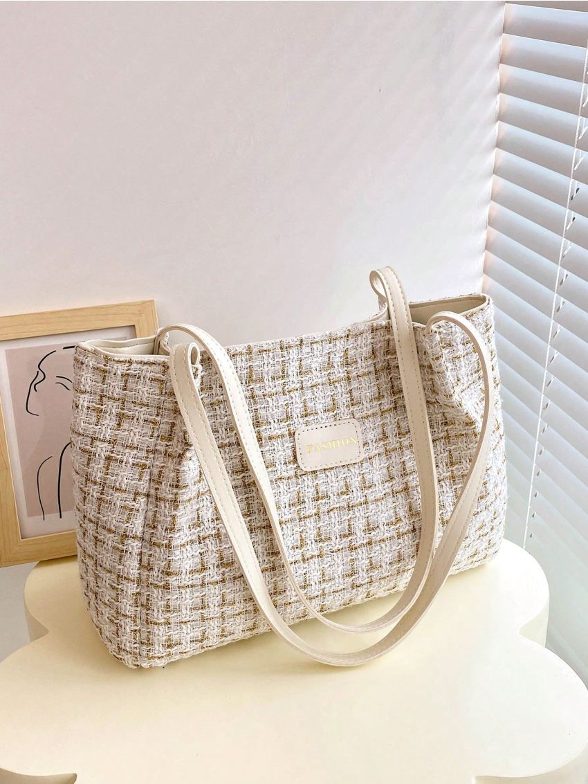 Letter Patch Shoulder Tote Bag Plaid Pattern Double Handle For Work