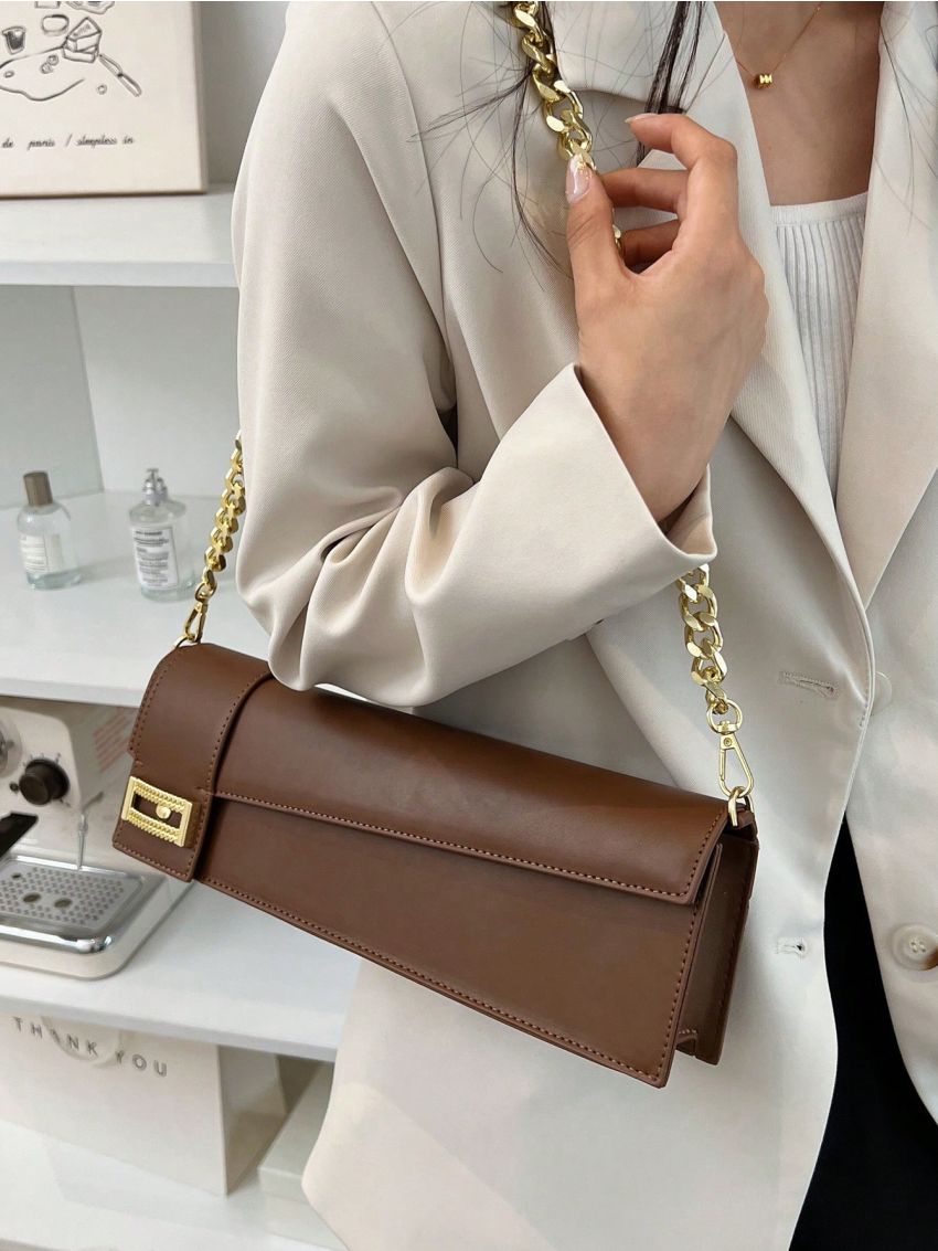 Medium Baguette Bag Brown Metal Decor Chain Strap