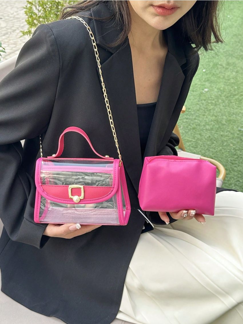 Mini Square Bag Metal Decor Clear Chain Strap