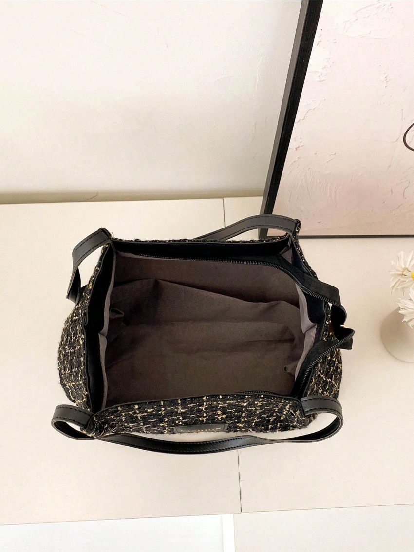 Letter Patch Shoulder Tote Bag Plaid Pattern Double Handle For Work