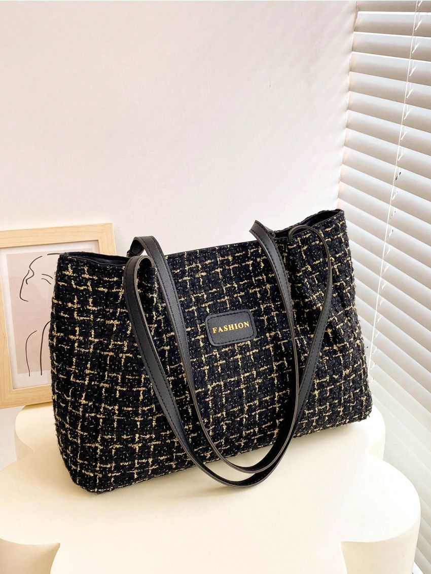 Letter Patch Shoulder Tote Bag Plaid Pattern Double Handle For Work