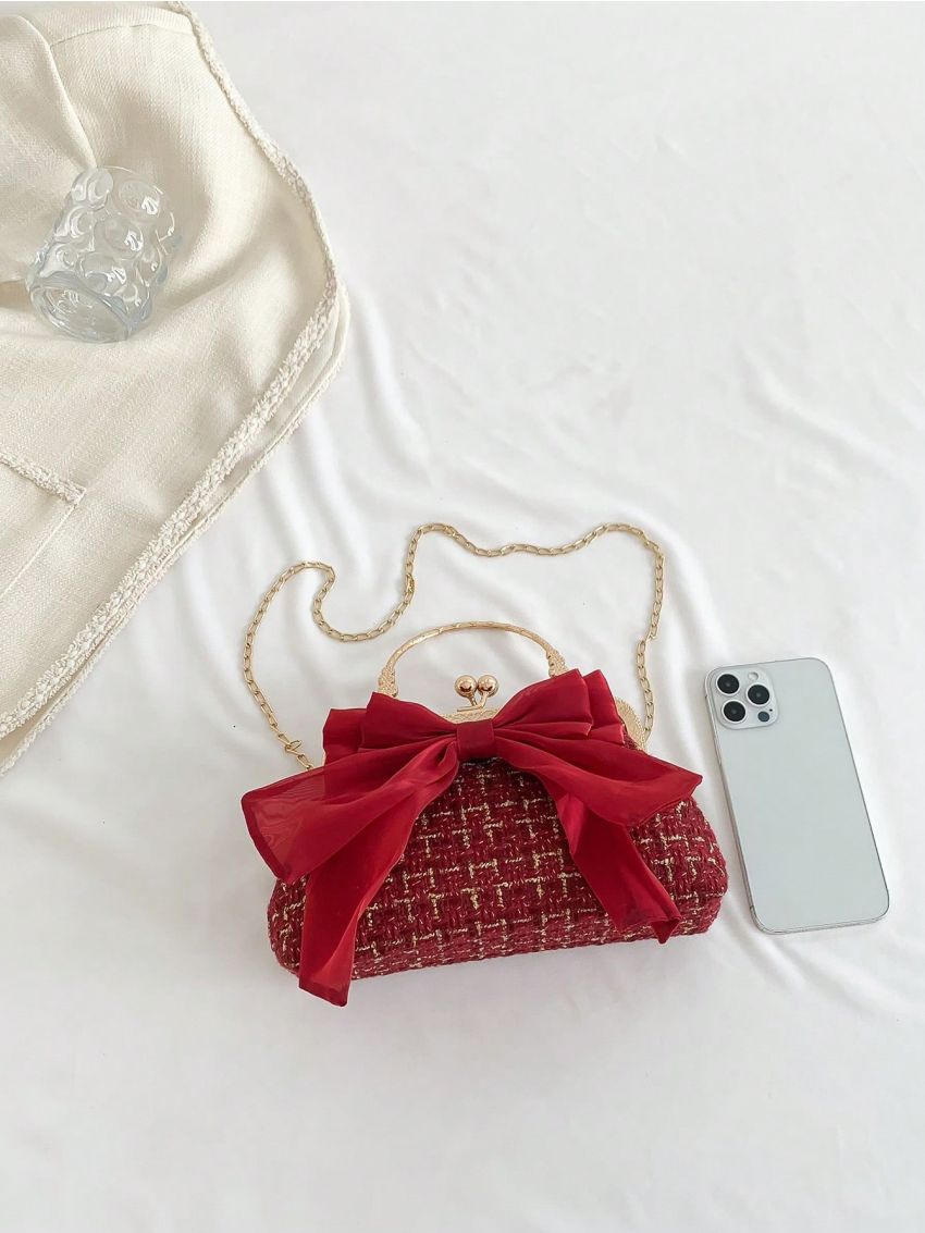 Plaid Pattern Novelty Bag Bow Decor Top Handle