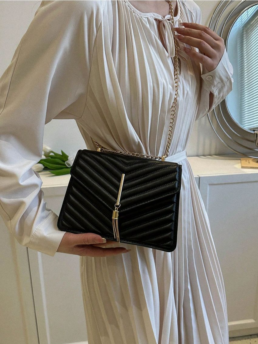 Mini Square Bag Chevron Pattern Tassel Decor Flap