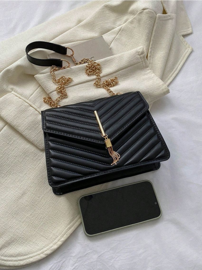 Mini Square Bag Chevron Pattern Tassel Decor Flap