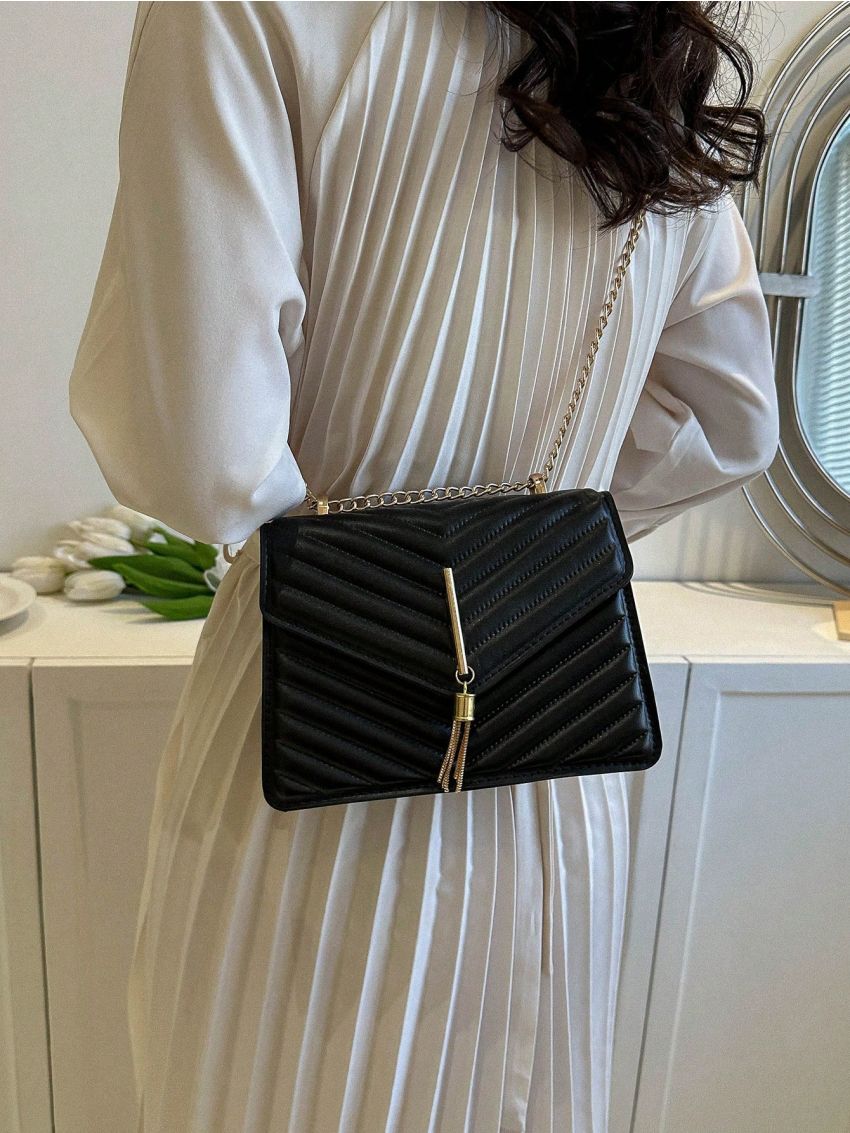 Mini Square Bag Chevron Pattern Tassel Decor Flap