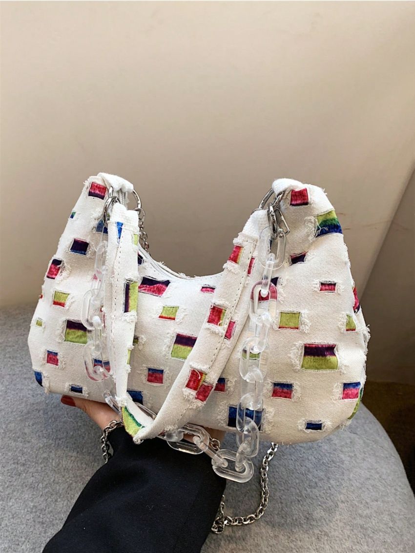 Medium Hobo Bag Colorblock Chain Decor