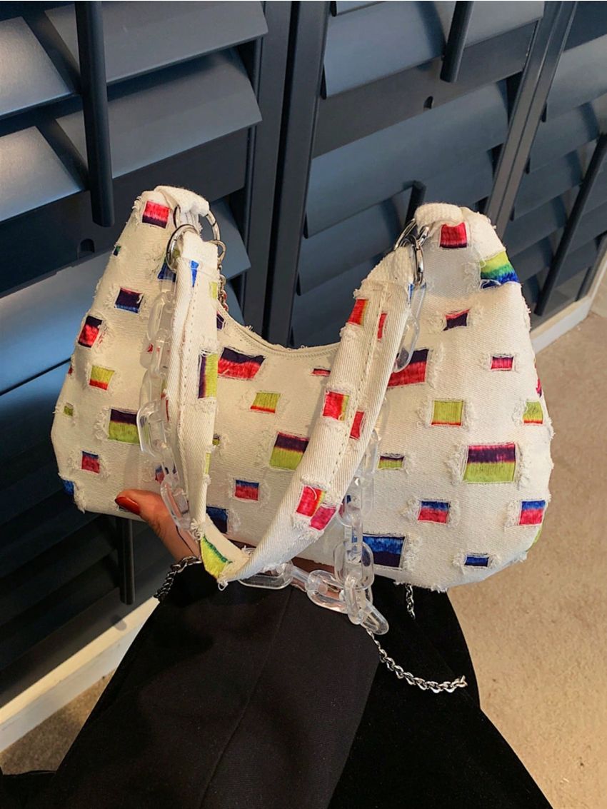 Medium Hobo Bag Colorblock Chain Decor