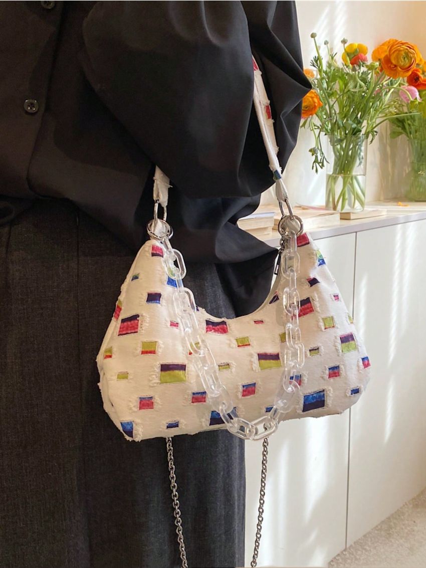 Medium Hobo Bag Colorblock Chain Decor