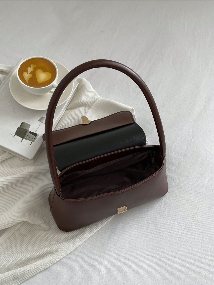 Small Baguette Bag Solid Color Push Lock Flap