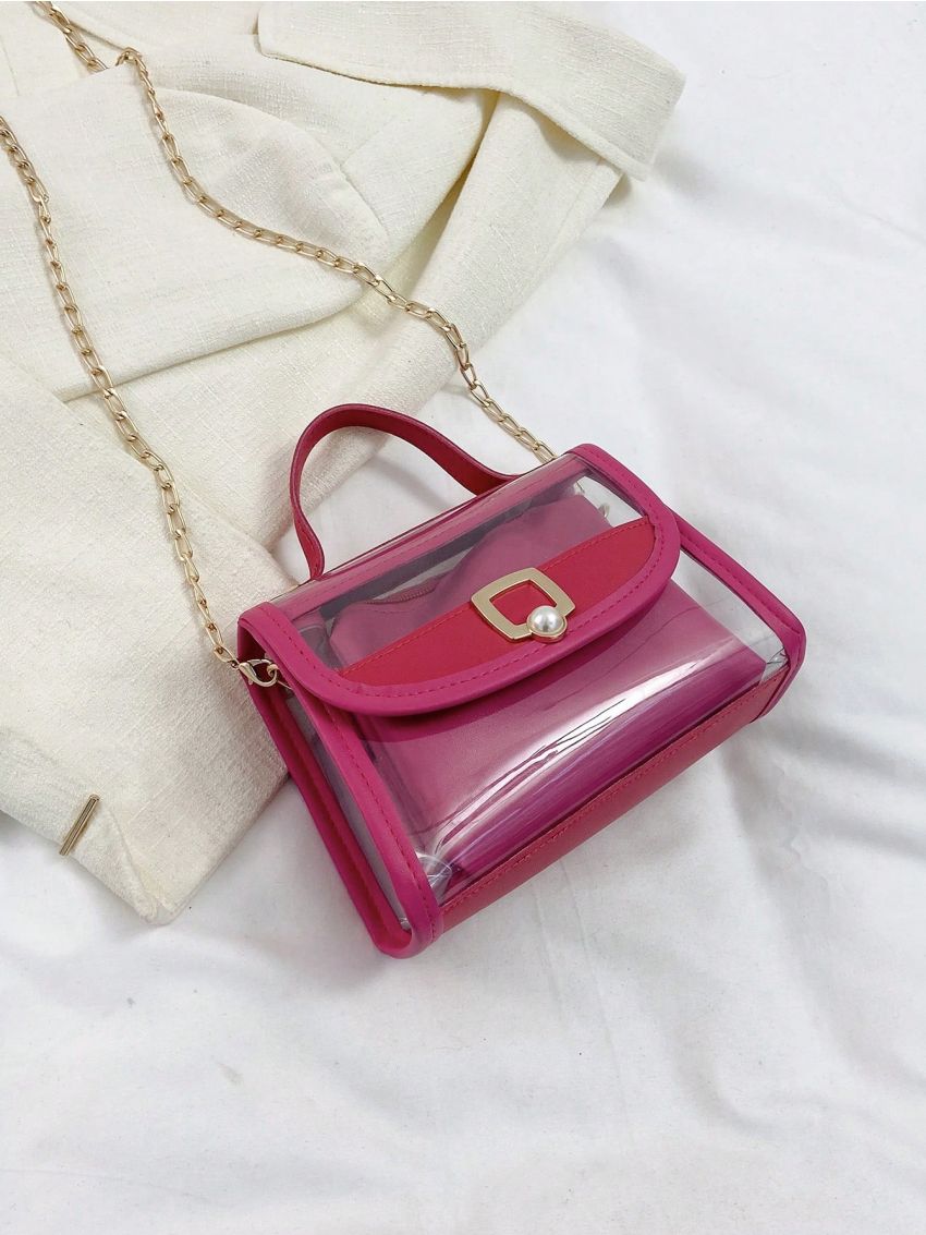 Mini Square Bag Clear Design Faux Pearl Detail Top Handle With Inner Pouch