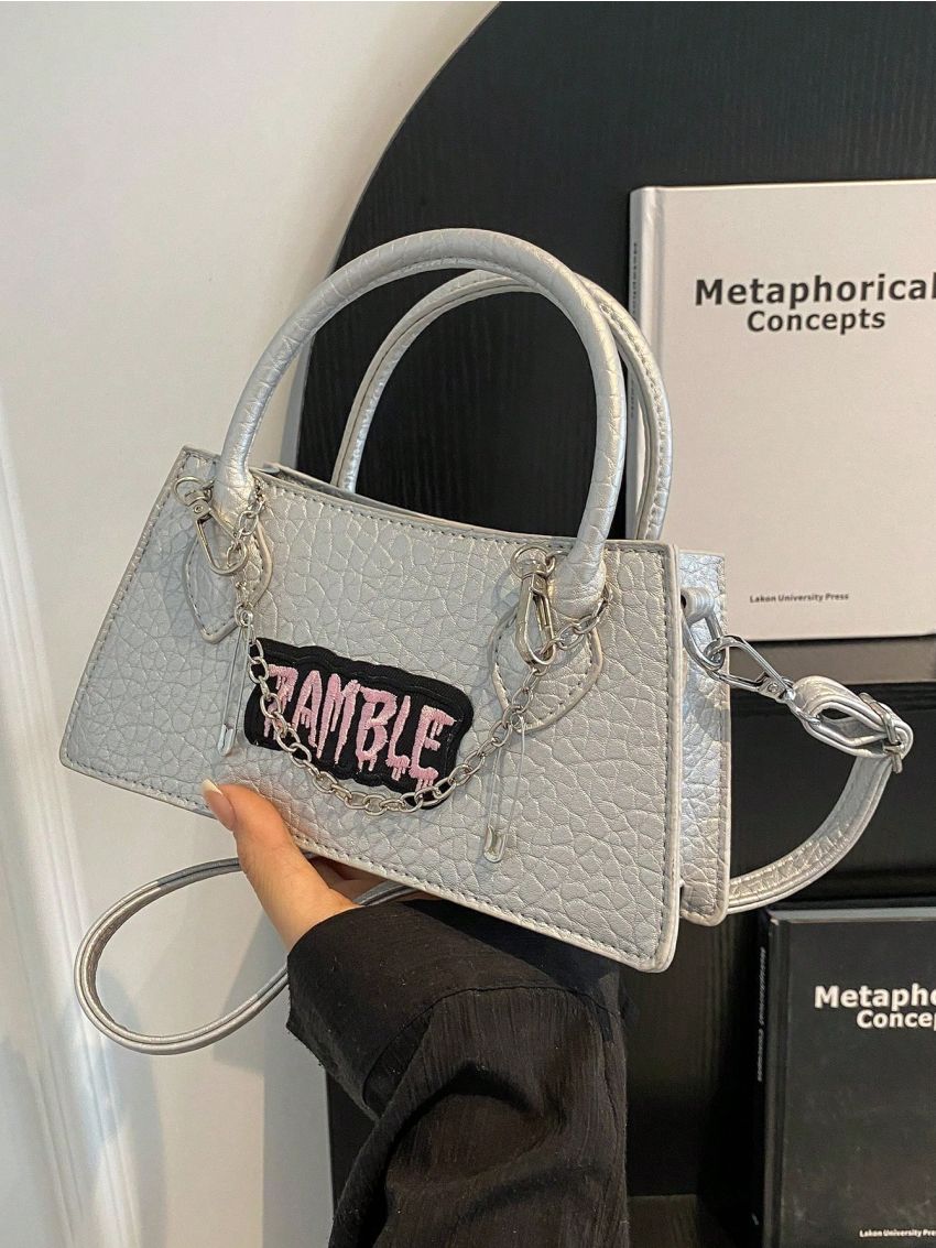 Small Square Bag Double Handle Letter Pattern Chain Decor