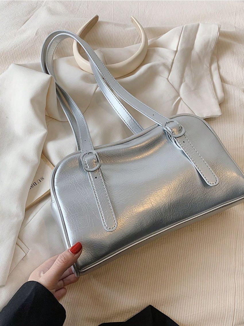 Minimalist Shoulder Bag Medium Buckle Decor Black