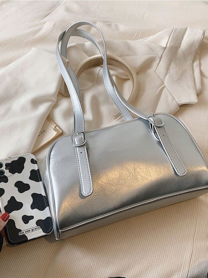 Minimalist Shoulder Bag Medium Buckle Decor Black