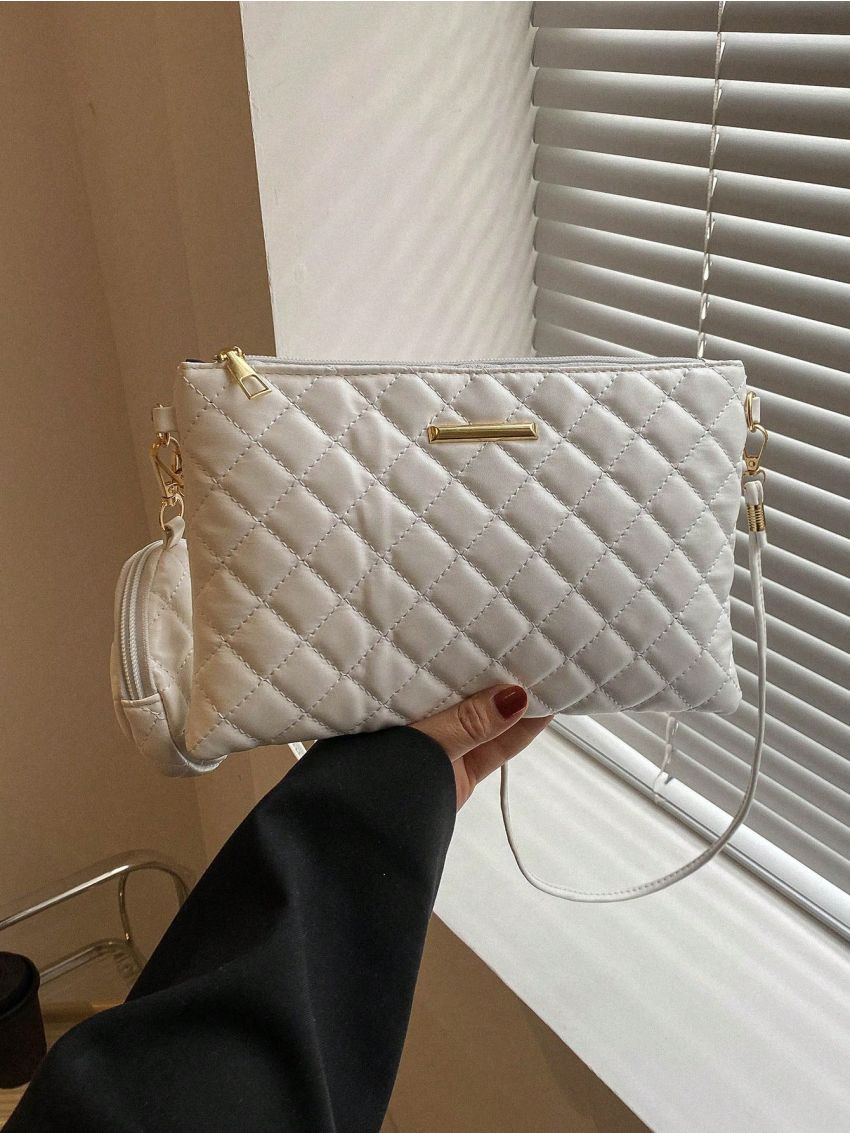 Quilted Square Bag Zipper With Coin Purse White