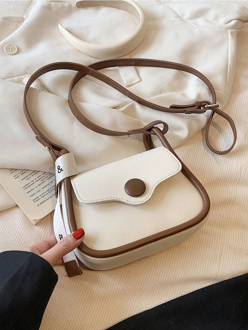 Contrast Binding Saddle Bag Mini Flap Letter Belt Decor