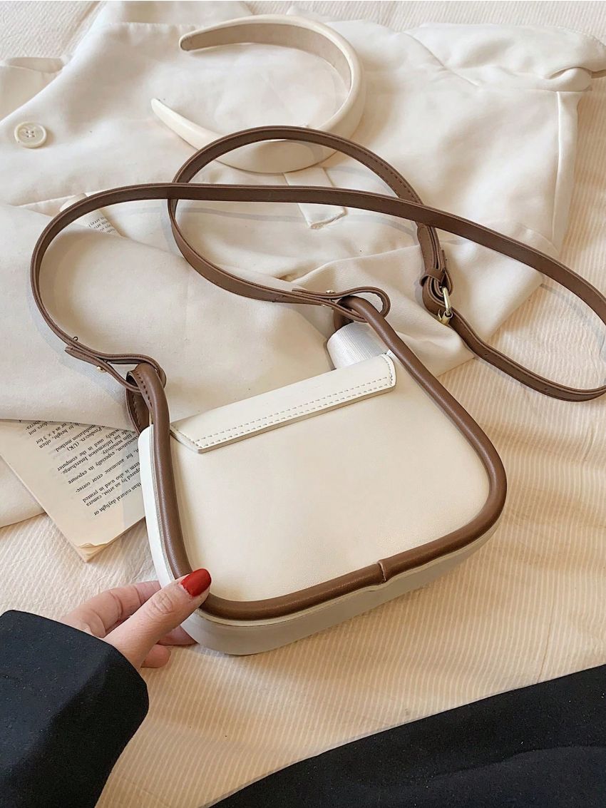 Contrast Binding Saddle Bag Mini Flap Letter Belt Decor