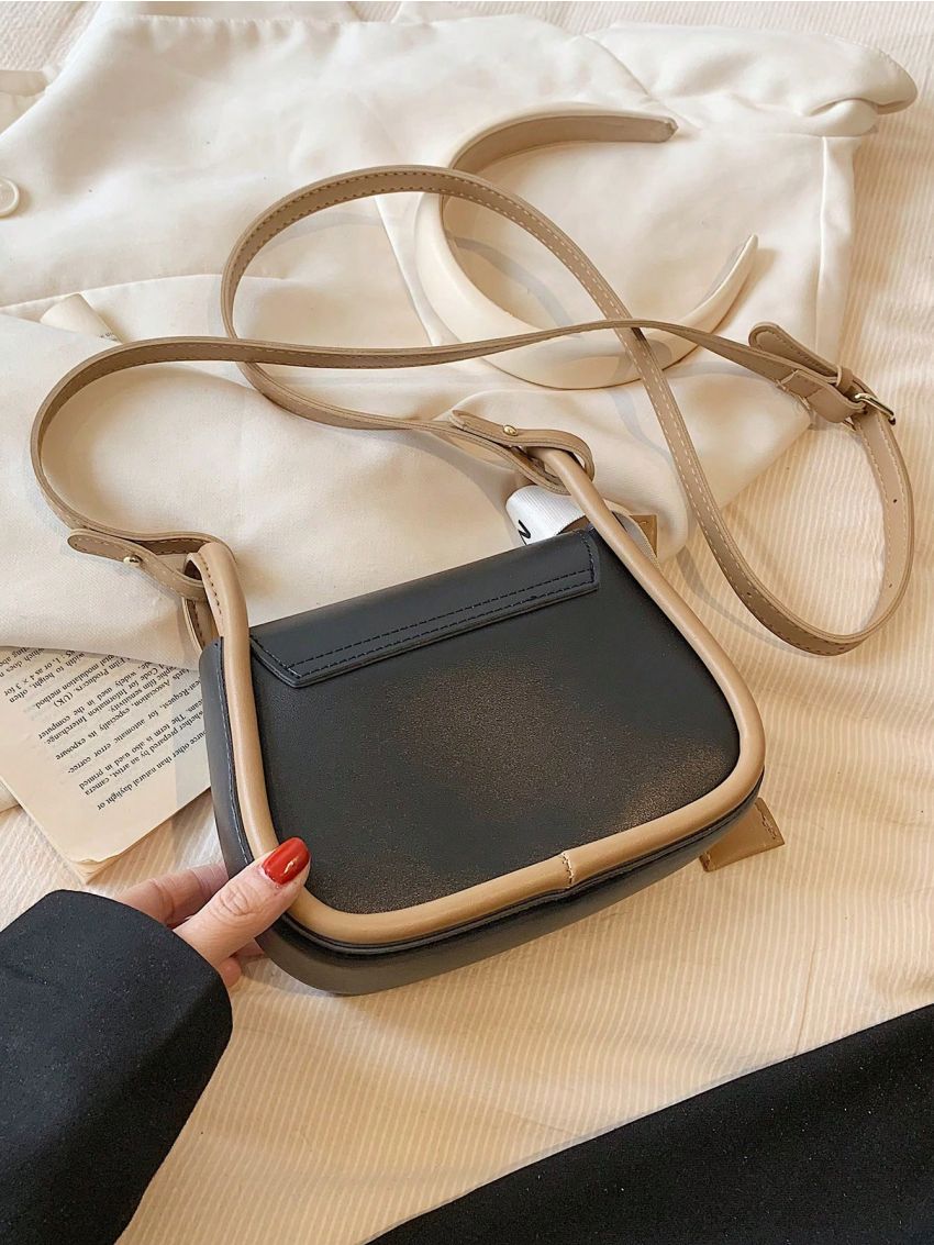 Contrast Binding Saddle Bag Mini Flap Letter Belt Decor