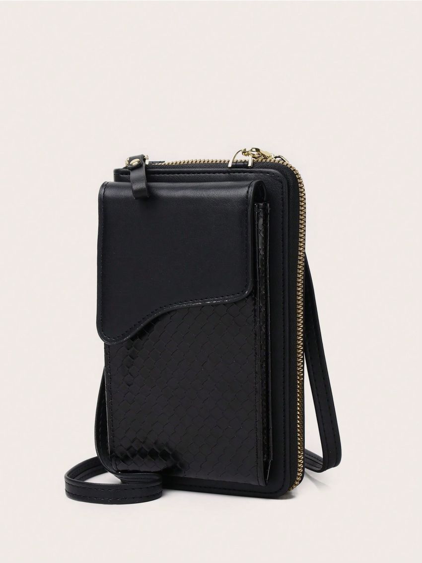 Black Phone Wallet Adjustable Strap With Zipper For Daily