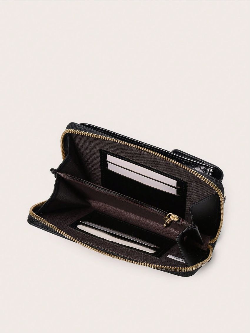 Black Phone Wallet Adjustable Strap With Zipper For Daily