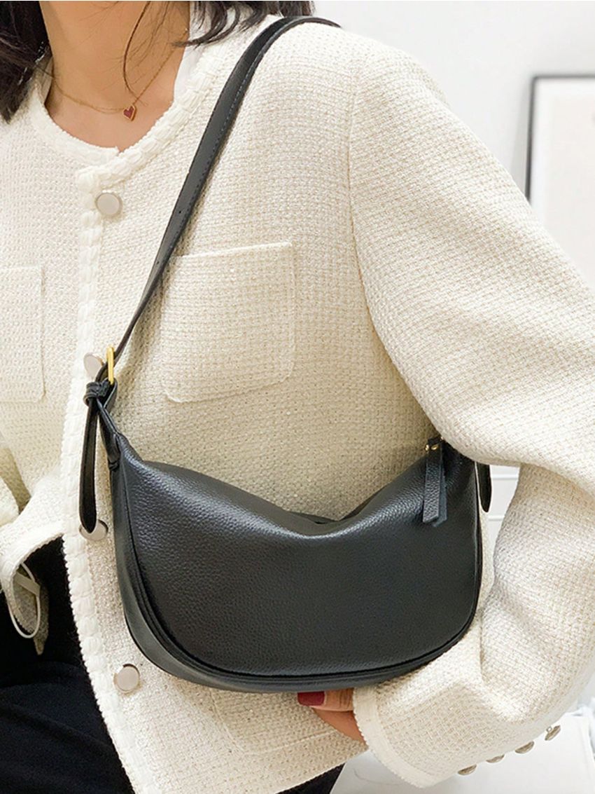 Litchi Embossed Hobo Bag Black Adjustable Strap For Daily