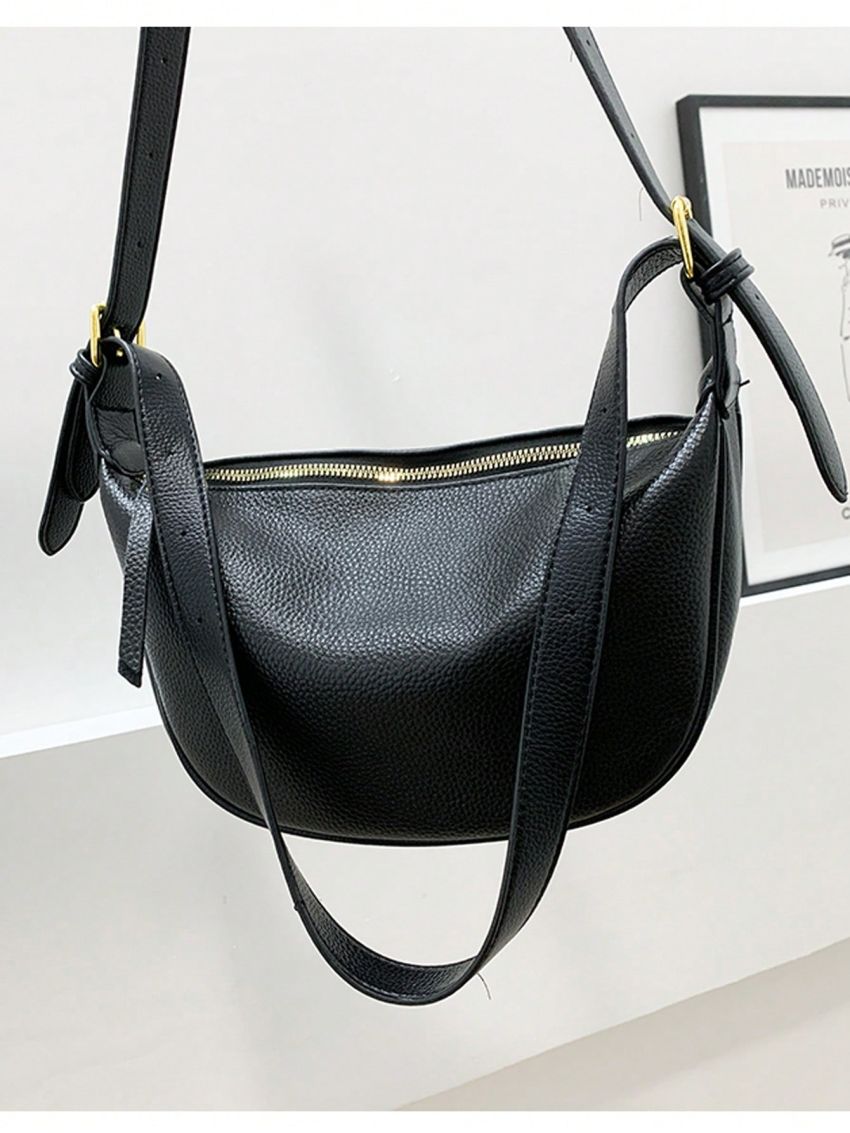 Litchi Embossed Hobo Bag Black Adjustable Strap For Daily
