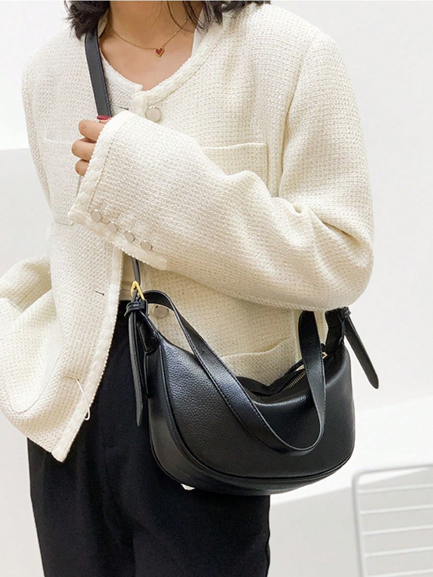 Litchi Embossed Hobo Bag Black Adjustable Strap For Daily