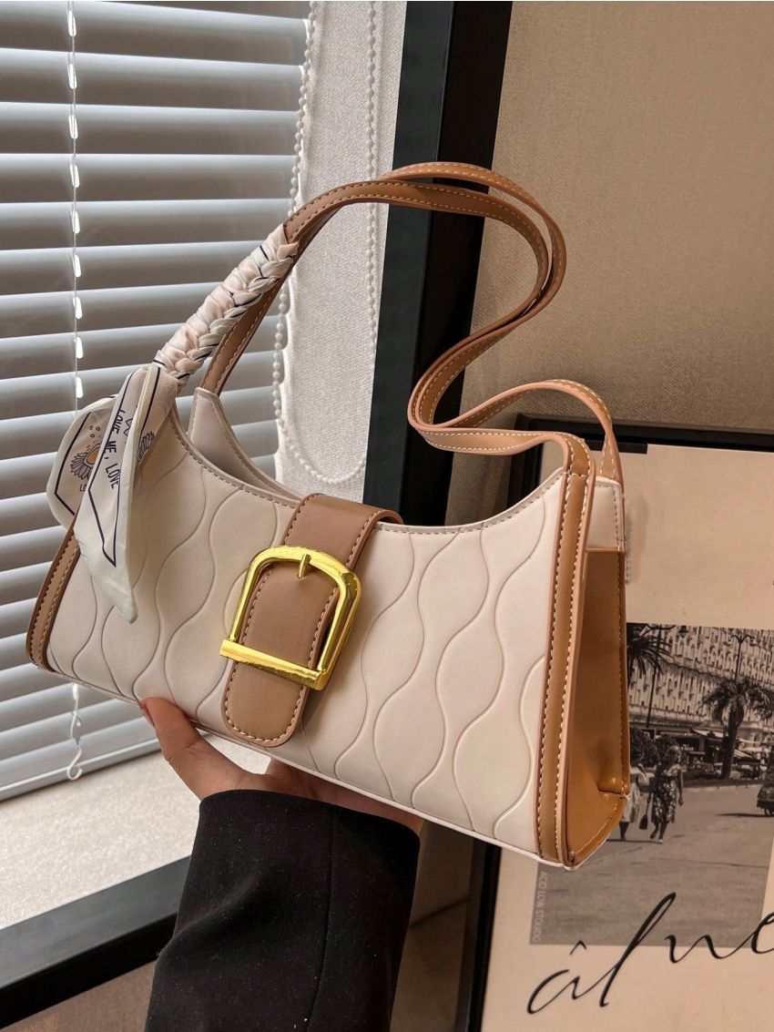 Colorblock Baguette Bag Buckle & Twilly Scarf Decor For Work