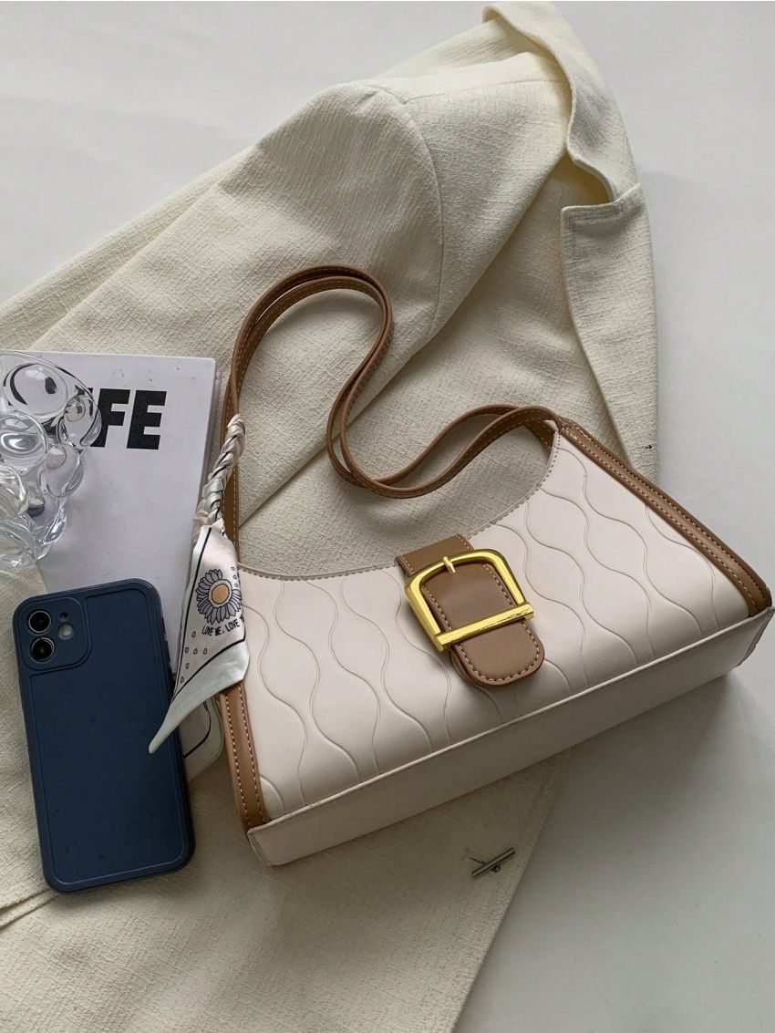 Colorblock Baguette Bag Buckle & Twilly Scarf Decor For Work