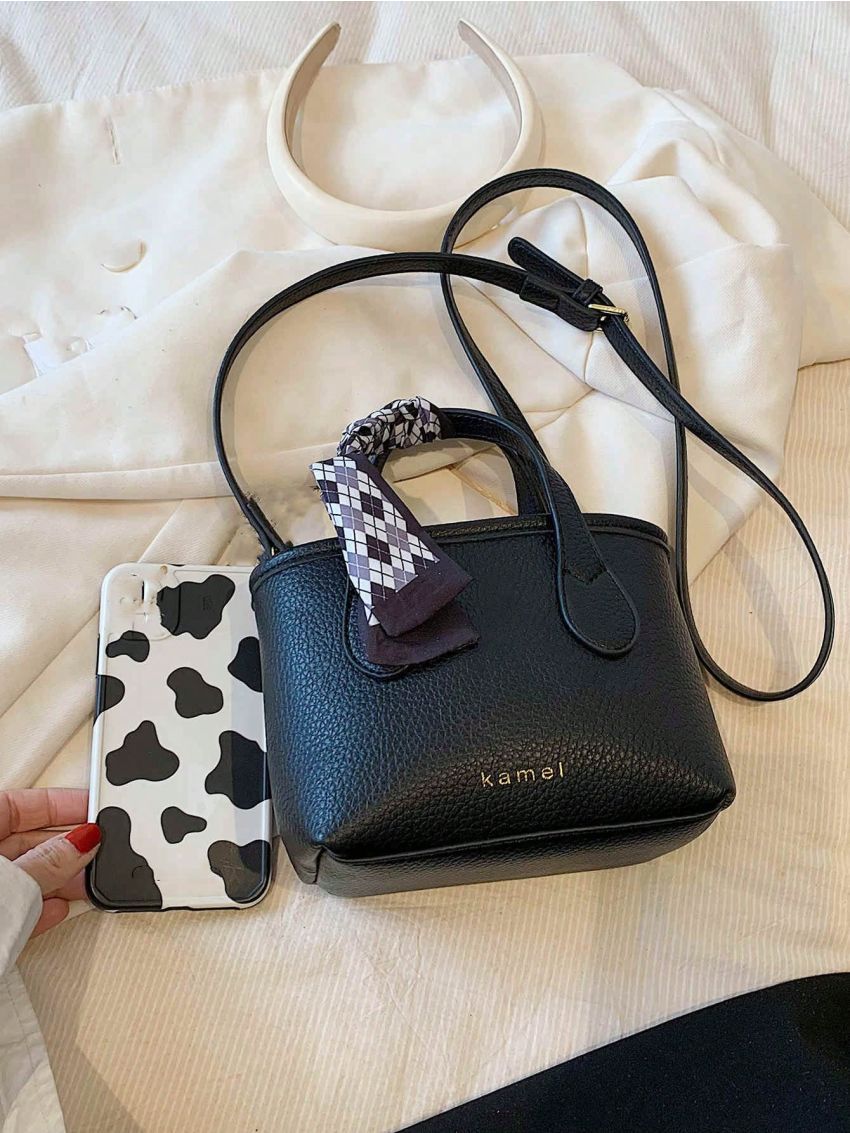 Litchi Embossed Twilly Scarf Decor Bucket Bag Fashion Letter Detail