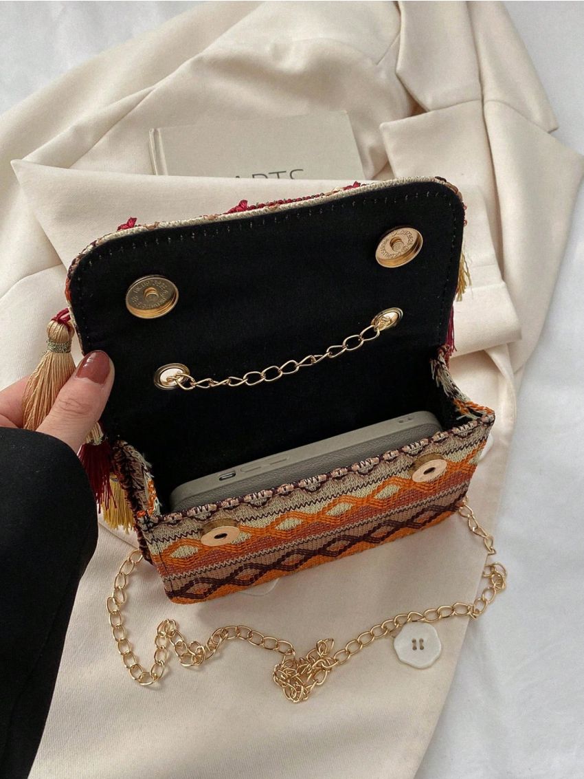 Vintage Tassel Decor Flap Square Bag Embroidered Chain Vacation