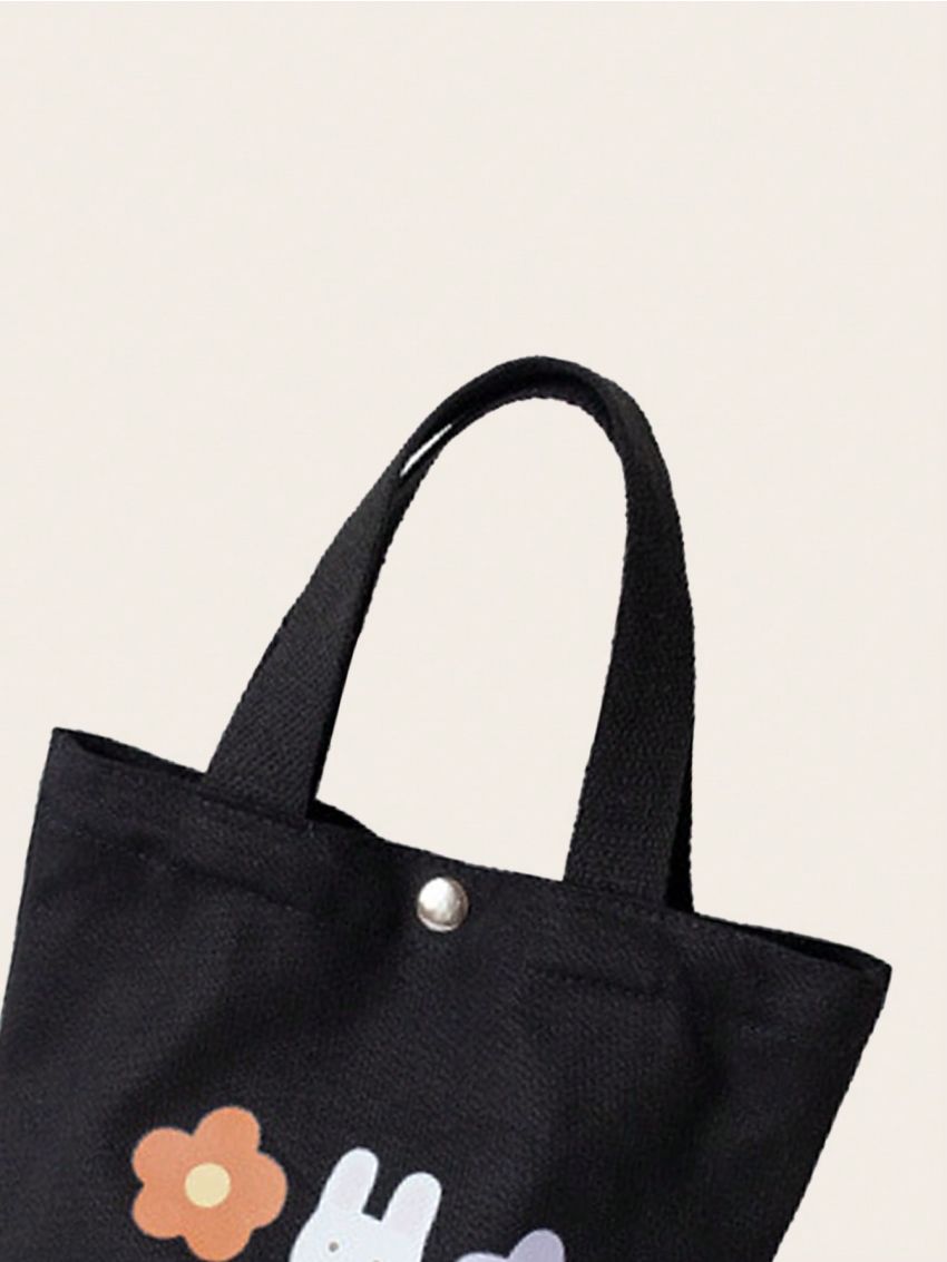 Flower Pattern Canvas Bucket Bag, Cute Hand Lunch Bag, Portable Storage Purse For Work & School