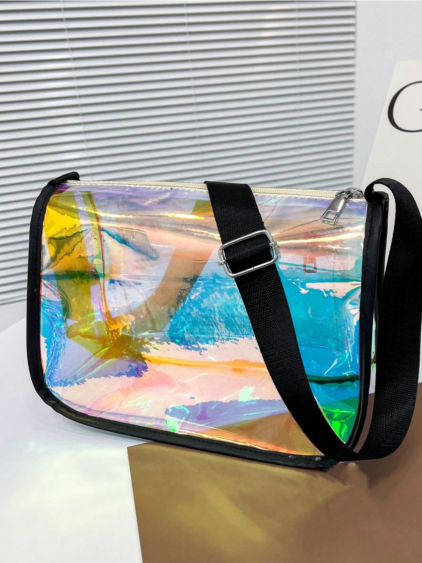 Medium Square Bag Contrast Binding Holographic Funky Style, Clear Bag