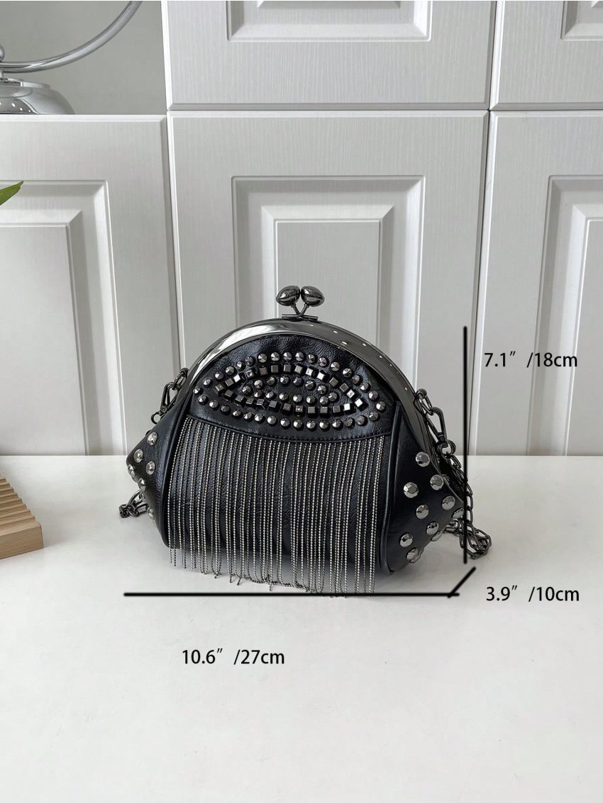 Medium Shoulder Bag Studded & Fringe Decor Kiss Lock, Mothers Day Gift For Mom