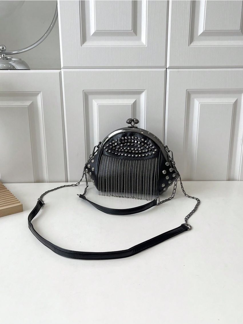 Medium Shoulder Bag Studded & Fringe Decor Kiss Lock, Mothers Day Gift For Mom