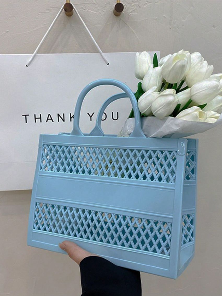 Medium Satchel Bag Hollow Out Detail Double Handle PVC, Clear Bag