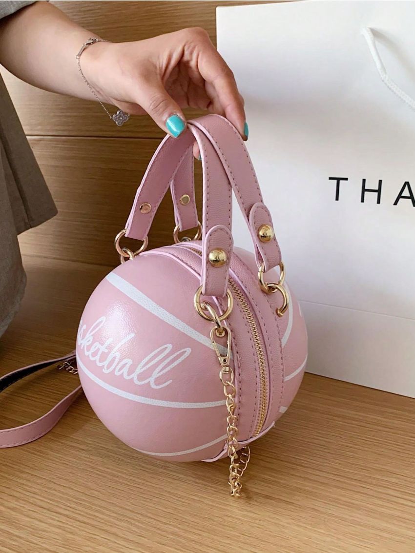 Mini Letter Graphic Basketball Design Circle Bag, Fashion Chain Shoulder Round Purse, Hand Zipper Bag