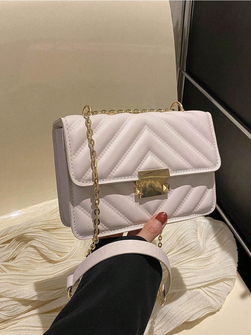 Quilted Square Bag Mini Flap Metal Decor