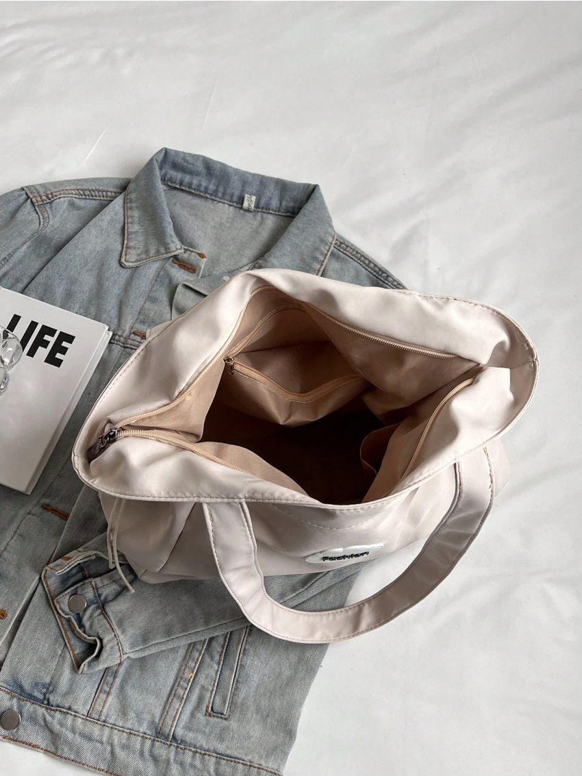 Letter Patch Decor Shoulder Tote Bag Medium Nylon Waterproof Lightweight