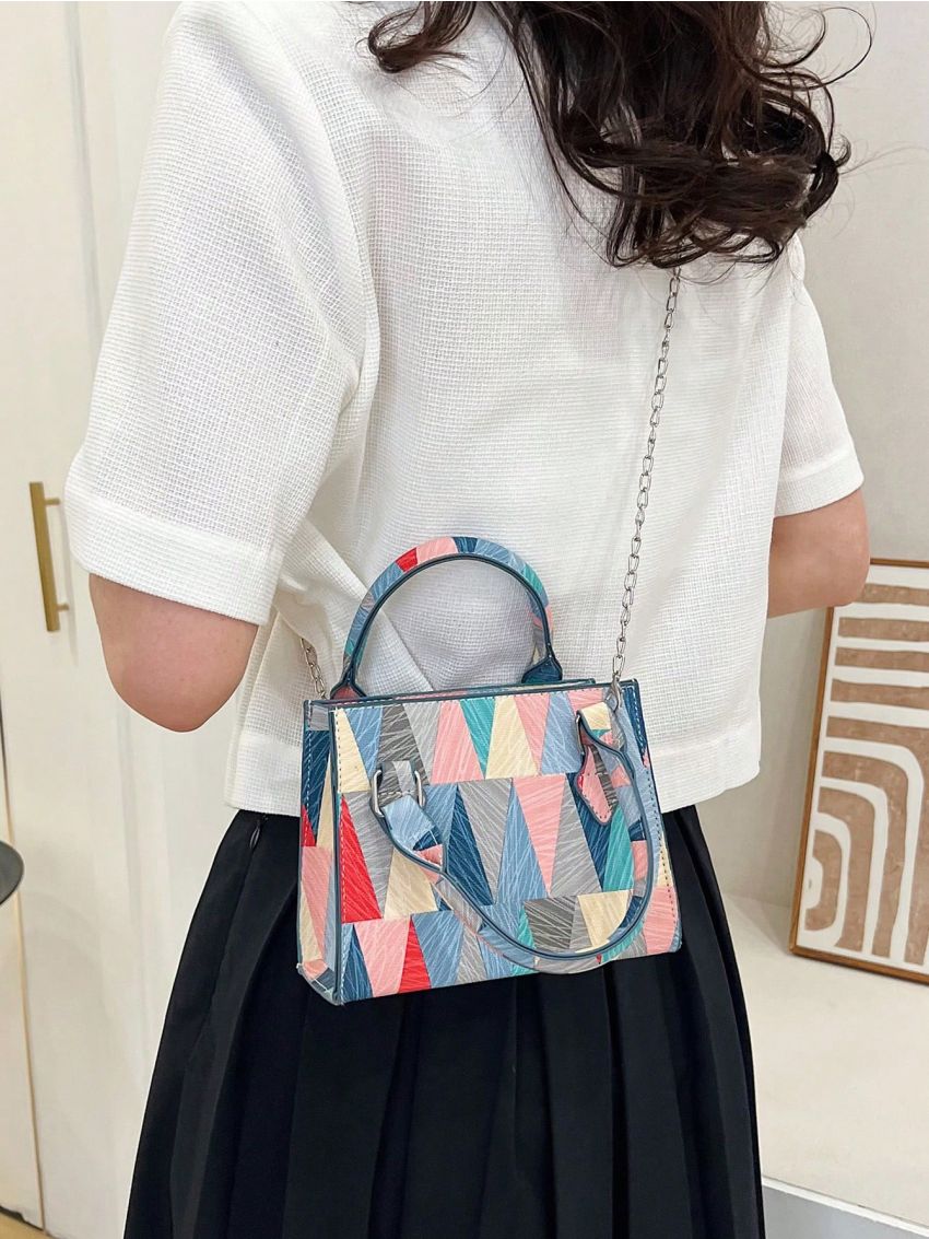 Geometric Pattern Square Bag Mini Double Handle