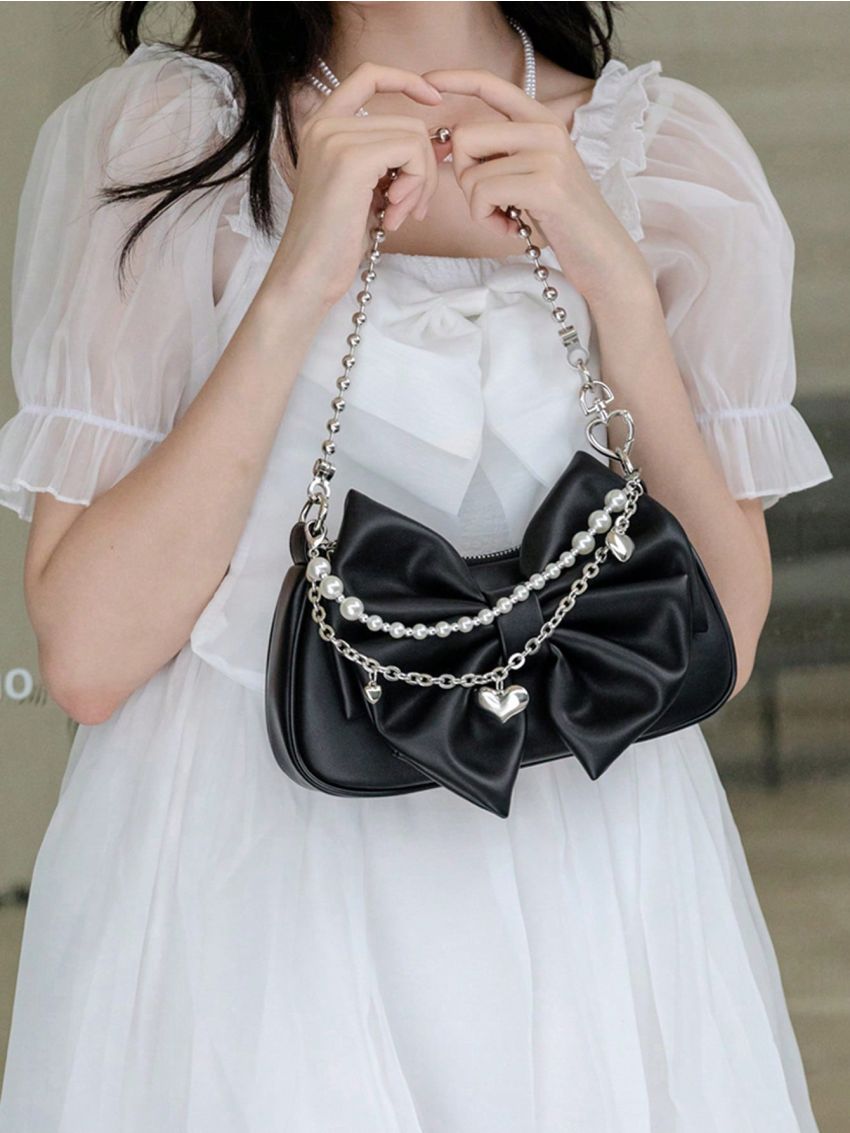 Faux Pearl Beaded Hobo Bag Small Bow Decor Black