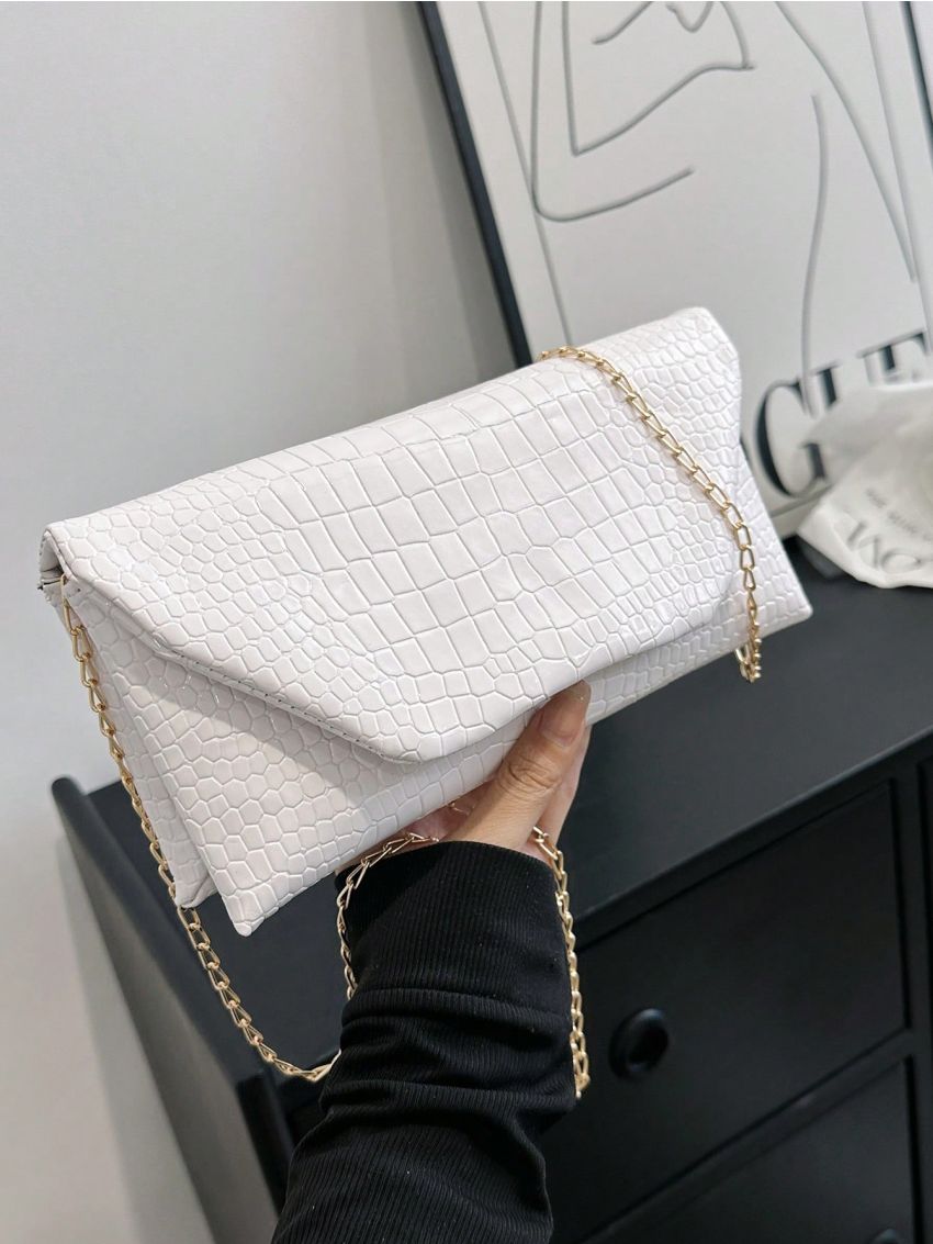White Envelope Bag Crocodile Embossed Chain Strap